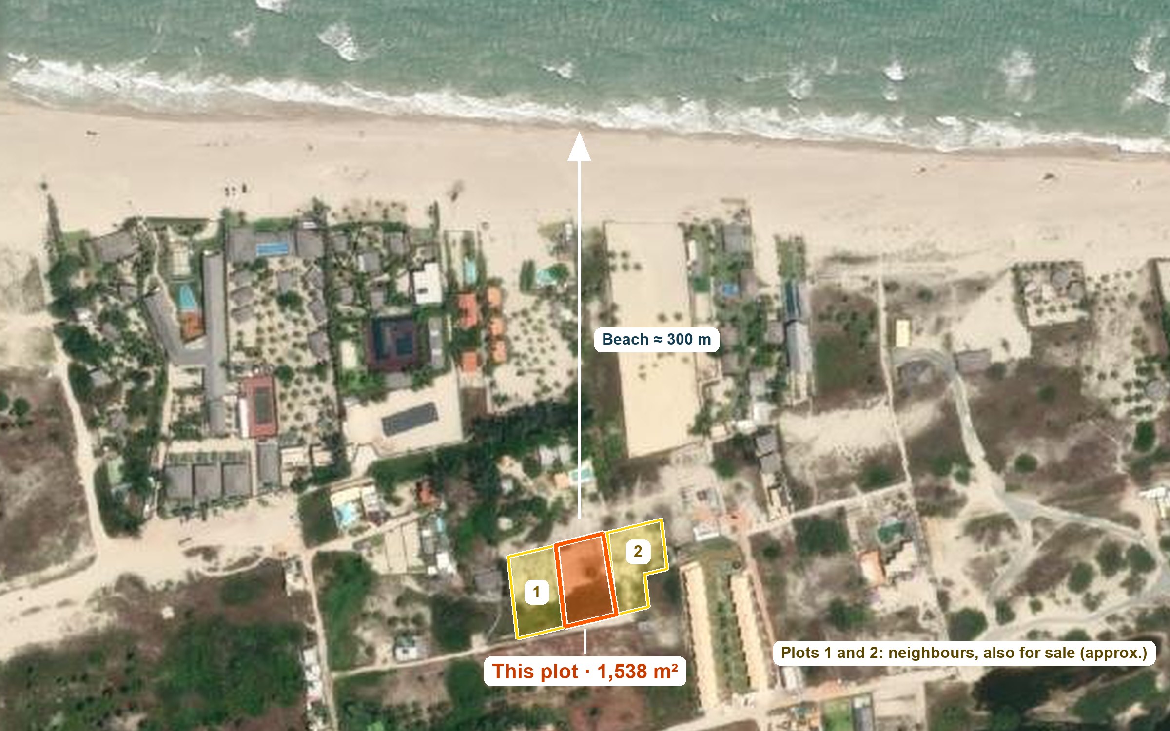 Satellite view: this plot in orange, neighbouring plots 1 and 2 in yellow, the beach 300 m to the north